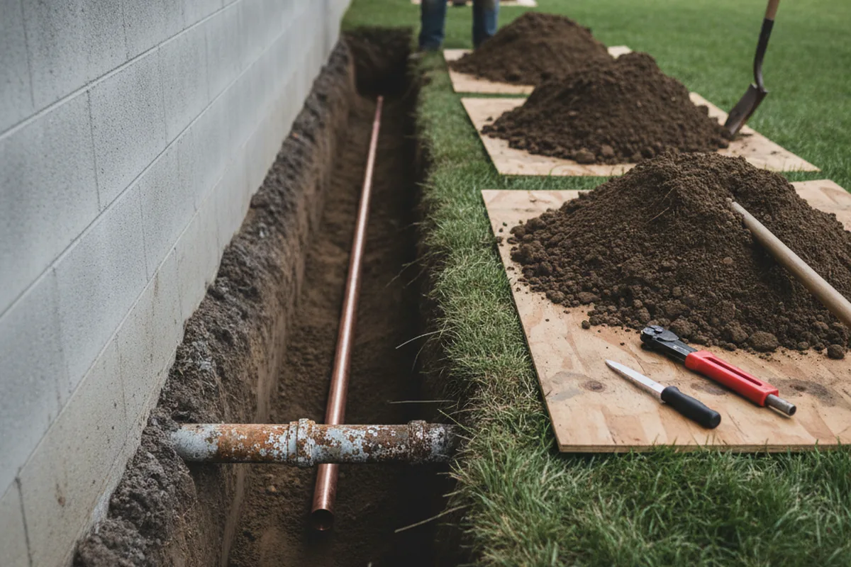 Excavated water line trench during Sewer Line Repair in Pylesville